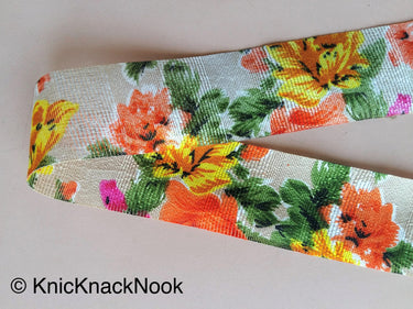 Yellow & Orange Bhagalpuri Silk Trim Floral Designs Decorative Craft Ribbon Giftwrapping Ribbon Fashion Trim Costume Trim, Trim By 4 Yards